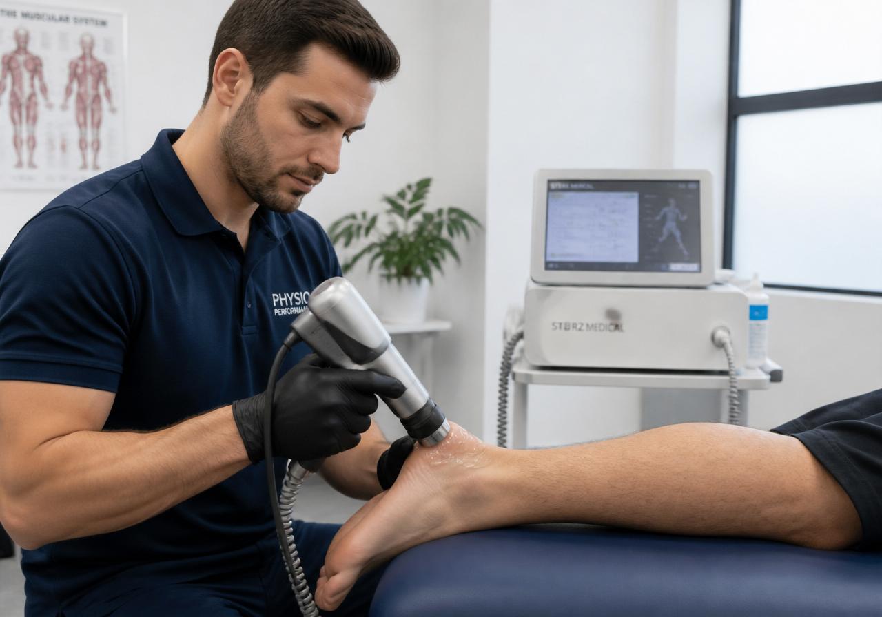 Shockwave therapy being delivered to the Achilles tendon at GB Clinic Oxford