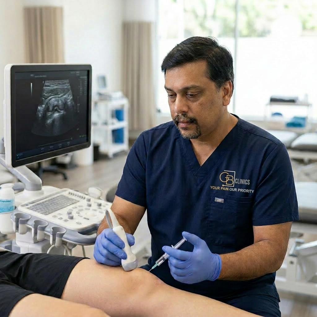 Clinician performing an ultrasound-guided injection at GB Clinic Oxford